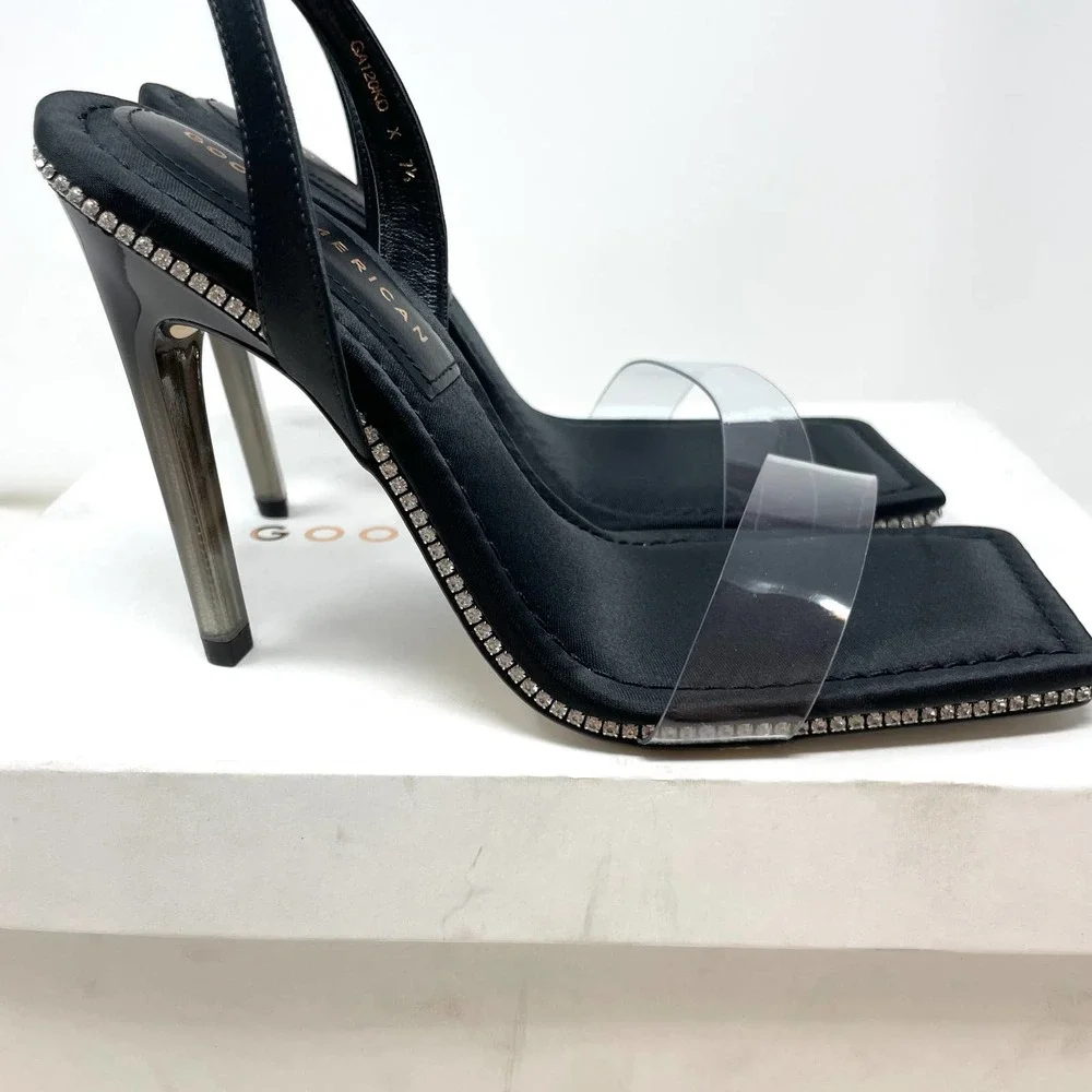 Good American Crystal Crush Lucite Rhinestone Sandals In Black Size 7.5 New